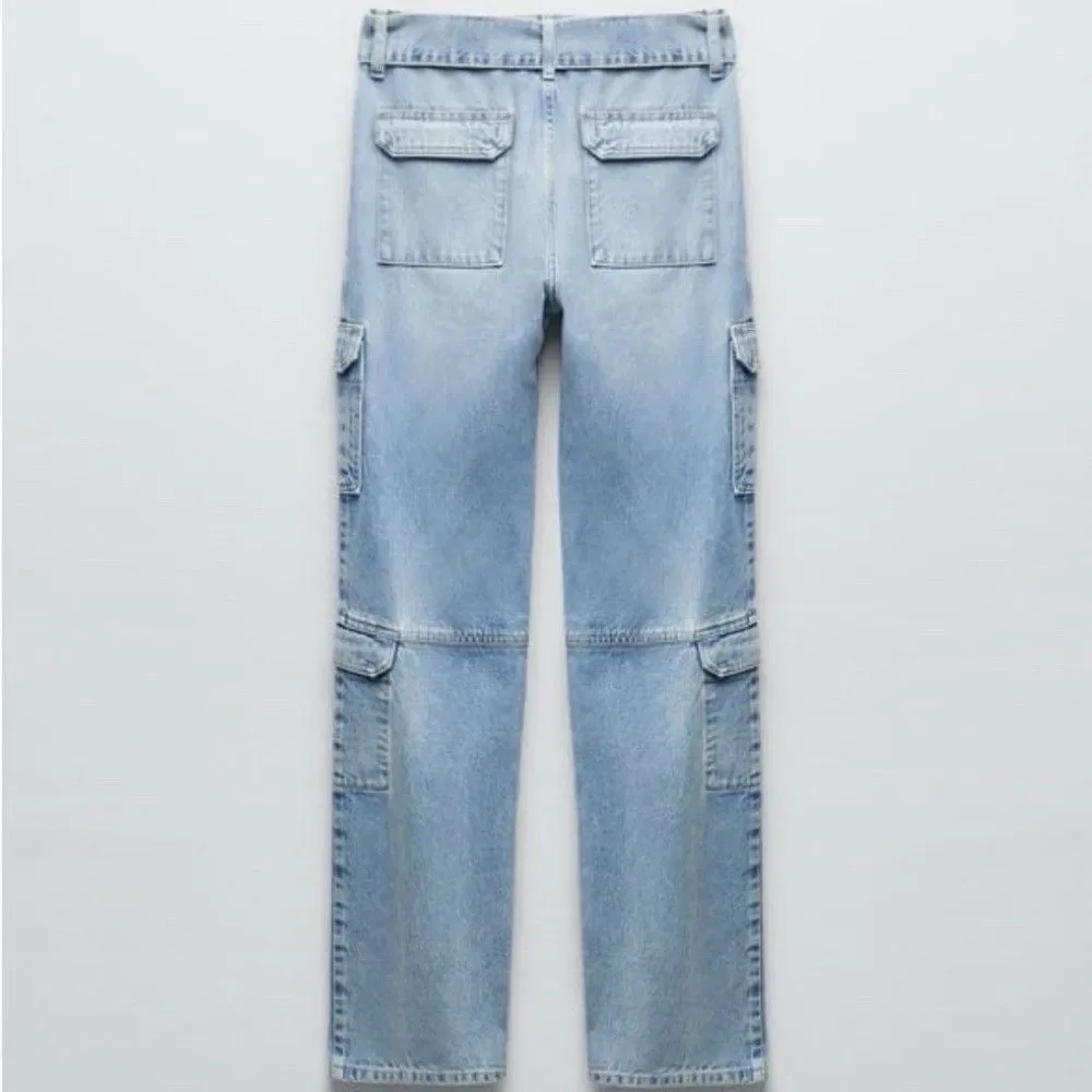 Zara Women's Light Blue Denim Belted Cargo Jeans SZ 4